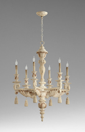 A French Contemporary Style - Greek Key, Acanthus, and Tassel - Wooden Six Light, 37.5L X 28 Round Chandelier - Shabby Chic Distressed White Finish