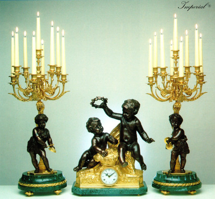 Antique Style French Louis Garniture, Verde Delle Alpi, Green Italian Marble and Brass Ormolu Mantel, Table Clock 30.70", Nine Light Candelabra Set, French Gold Gilt Patina, Handmade Reproduction of a 17th, 18th Century Dore Bronze Antique, 4007