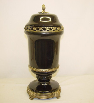 Ebony Black Decorator Solid with D'or Brass Ormolu - Luxury Handmade Chinese Porcelain - Statement 18 Inch Tabletop | Mantel Urn - Style A888