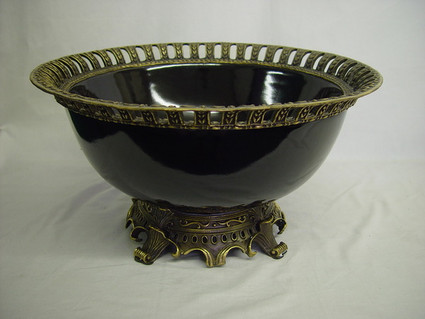 Onyx Black Decorator Solid with D'or Brass Ormolu - Luxury Handmade Chinese Porcelain - Statement 14.5 Inch Decorative Display Bowl | Centerpiece Style F78