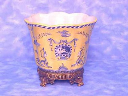 Yellow and Blue Oval Emblem Pattern - Luxury Hand Painted Porcelain and Gilt Bronze Ormolu - 7 Inch Tabletop Planter | Decorative Pot Style 915M
