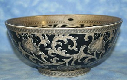 Ebony Black and Gold Lotus Scroll - Luxury Handmade Reproduction Chinese Porcelain - 14 Inch Round Centerpiece Bowl Style 78