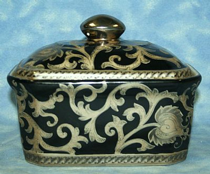 Ebony Black and Gold Lotus Scroll, Luxury Handmade Reproduction Chinese Porcelain, 7 Inch Decorative Container, Style 77