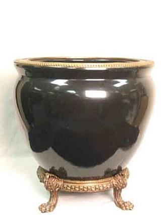 Style Q35 - Ebony Black Decorator Solid with D'or Brass Ormolu - Luxury Handmade Chinese Porcelain - Statement 16 Inch Fish Bowl | Fishbowl Planter Style Q35