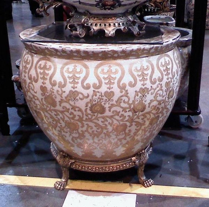 Style C35 - Ivory and Gold Lotus Scroll Arabesque with Gilded Brass Ormolu - Luxury Handmade Reproduction Chinese Porcelain - Statement 18 Inch Fish Bowl | Fishbowl Planter Style C35 Style C35 - Ivory and Gold Lotus Scroll Arabesque with Gilded Brass Ormolu - Luxury Handmade Reproduction Chinese Porcelain - Statement 18 Inch Fish Bowl | Fishbowl Planter Style C35