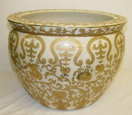 Ivory and Gold Lotus Scroll Arabesque - Luxury Handmade Reproduction Chinese Porcelain - Customizable 14 Inch Fish Bowl | Fishbowl | Planter Style 35
