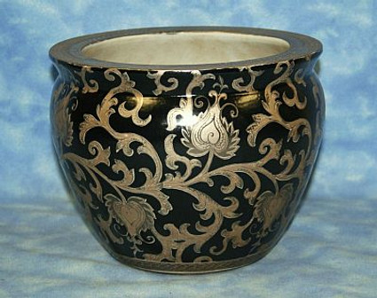 Ebony Black and Gold Lotus Scroll - Luxury Handmade Reproduction Chinese Porcelain - 12 Inch Fish Bowl | Fishbowl | Planter Style 35