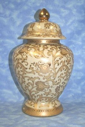 Ivory and Gold Lotus Scroll Arabesque - Luxury Handmade Reproduction Chinese Porcelain - Customizable 14 Inch Covered Temple Jar Style 1