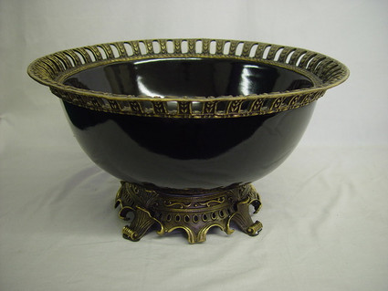 Obsidian Black Decorator Solid with D'or Brass Ormolu - Luxury Handmade Chinese Porcelain - Statement 16 Inch Decorative Display Bowl | Centerpiece Style F78 Obsidian Black Decorator Solid with D'or Brass Ormolu - Luxury Handmade Chinese Porcelain - Statement 16 Inch Decorative Display Bowl | Centerpiece Style F78