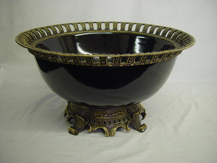 Obsidian Black Decorator Solid with D'or Brass Ormolu - Luxury Handmade Chinese Porcelain - Statement 16 Inch Decorative Display Bowl | Centerpiece Style F78