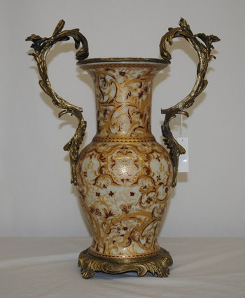 Burgundy Medallion and Gold - Luxury Handmade Reproduction Chinese Porcelain and Gilt Brass Ormolu - 14.5 Inch Tabletop | Mantel Vase - Style B051