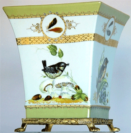 Bluebird Nature Scene, Luxury Handmade Reproduction Chinese Porcelain and Gilt Brass Ormolu, 11 Inch Wastebasket, Style 924A Bluebird Nature Scene, Luxury Handmade Reproduction Chinese Porcelain and Gilt Brass Ormolu, 11 Inch Wastebasket, Style 924A