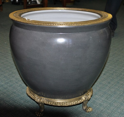 Style Q35 - Pantone Grey | Gray Decorator's Choice Solid - Luxury Handmade LCP Chinese Porcelain and d'or Brass Ormolu - 14 Inch English Regency Cachepot, Fish Bowl | Fishbowl Statement Planter - Style Q35