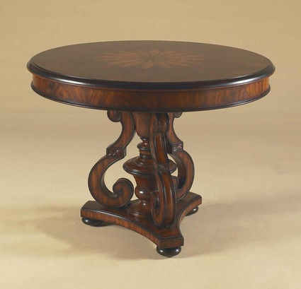 Lightly Carved Hardwood and Marquetry Inlay - 41 Inch Round Pedestal Tripod Entry Foyer | Center Table - Bunn Feet Design