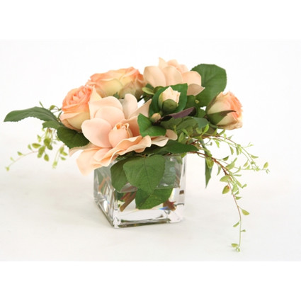 High End Natural Look, 9 Inch Silk Flower Arrangement, Peach Rose and Gardenias, Clear Glass Vase with Acrylic Water