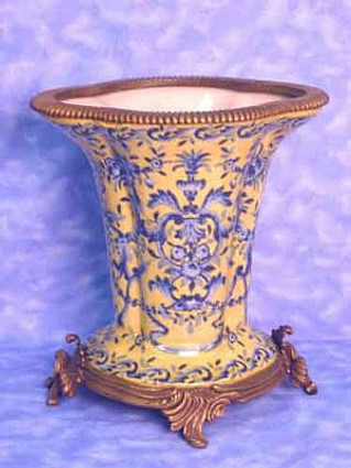 Yellow and Blue Pattern, Luxury Hand Painted Porcelain and Gilt Bronze Ormolu, 11.5 Inch Vase