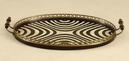 31 Inch Oval Gallery Tray - Ebony and Eggshell Patterned Lacquer Bottom - Antique Brass Accents