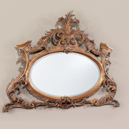 High End - Hand Carved Louis XV Rococo Styled - 54 Inch Oval Giltwood Mantel, Buffet Mirror