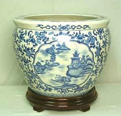 Blue and White Pagoda - Luxury Handmade Reproduction Chinese Porcelain - 12 Inch Fish Bowl | Fishbowl | Planter Style 35