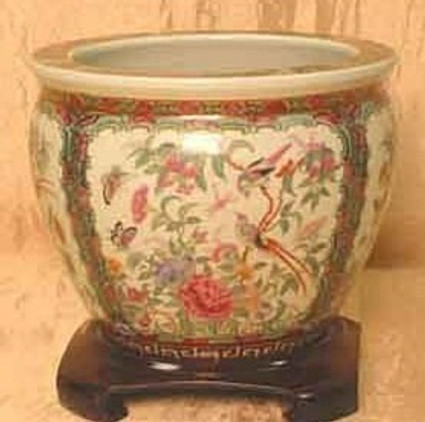 Gold Birds and Flowers - Luxury Hand Painted Porcelain - 14 Inch Fish Bowl | Fishbowl | Planter 3119 PN