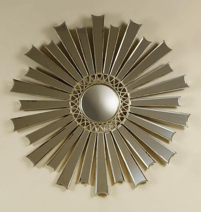 Iron Sunburst and Convex - Round 54 Inch Beveled Glass Mirror - Silver Parcel Gilt Finish