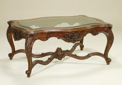 Hand Carved Hardwood and Inset Beveled Glass Top - 52 Inch Rectangle Cocktail | Coffee Table - Walnut Finish with Scroll Feet