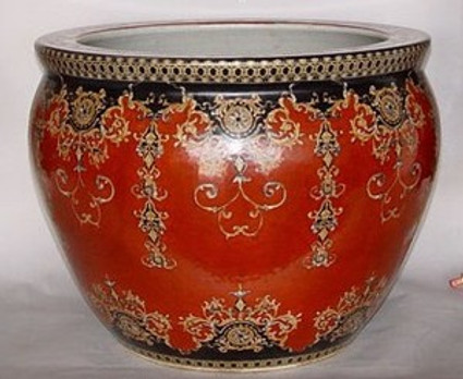Imperial Red and Ebony Black - Luxury Hand Painted Reproduction Chinese Porcelain - 22 Inch Fish Bowl | Fishbowl Planter | Dining - Center Table Base Style 35