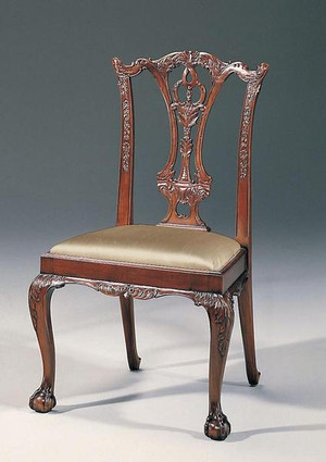 Hardwood Hand Carved Chippendale Style - 41 Inch Accent | Dining | Side Chair - Mahogany Wood Finish with Neutral Silk Upholstery 2989 SM