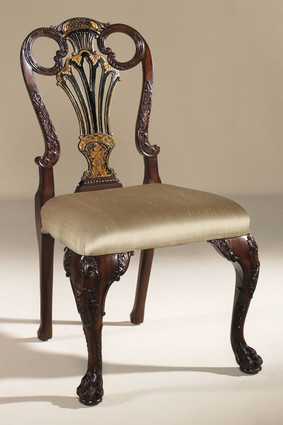 Hardwood Hand Carved Chinoiserie Style - 41 Inch Accent | Dining | Side Chair - Wood Finish with Neutral Silk Upholstery