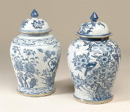 Pair of 13 Inch Temple Jars - Blue and White Hand Painted Porcelain with Gold Accents