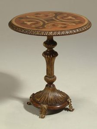 Round Mahogany Hardwood Marquetry Inlay - 26 Inch Accent Table - Antique Bronze Accents
