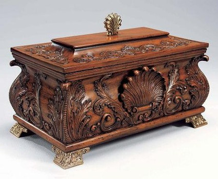 Finely Carved Mahogany Hardwood - 17 Inch Shell Motif - Tabletop Covered Box