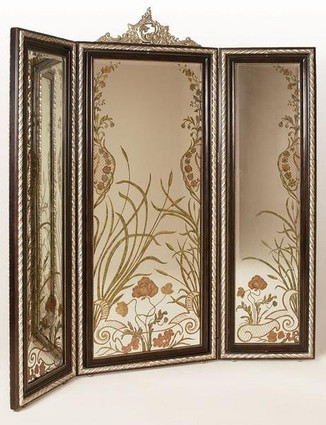 Reverse Hand Painted Beveled Glass Mirror - 90 Inch Revolving Three Panel Room Divider, Dressing Screen - Silver and Dark Wood Tone Finish