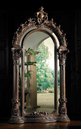 Standing Hand Carved - Oversized Arch Floor Mirror - Palace Size 103 Inch - Silver and Fruitwood Finish