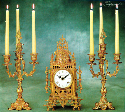 Antique Style French Louis Gilt Brass Ormolu Mantel, Table Clock And Four Light Candelabra Garniture Set, French Gold Finish, Handmade Reproduction of a 17th, 18th Century Dore Bronze Antique, 2583
