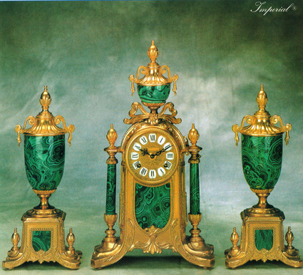 Antique Style French Louis Garniture, Gilt Brass Ormolu, Malachite finished Italian Porcelain Mantel, Table Clock And Cassolette Urn Set, French Gold Finish, Handmade Reproduction of a 17th, 18th Century Dore Bronze Antique, 2552