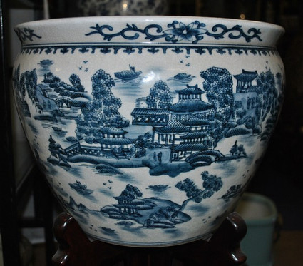 Indigo Blue and White Pagoda - Luxury Handmade Reproduction Chinese Porcelain - 20 Inch Fish Bowl | Fishbowl, Planter, Cache Pot - Style 35