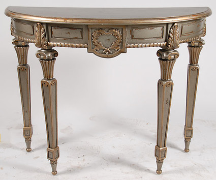 Hand Carved Silver Parcel Gilt - 46 Inch Demilune Console Table