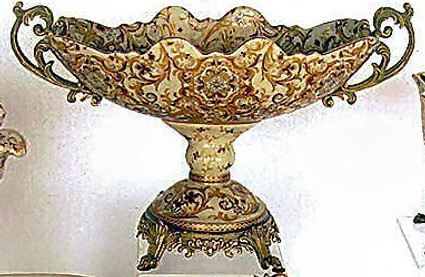 Burgundy Medallion and Gold - Luxury Handmade Reproduction Chinese Porcelain and Gilt Brass Ormolu - 19 Inch Footed Centerpiece Bowl Style B358