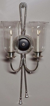 2 Candle Hurricane Wall Sconce, Black & Antique Silver, Tassel Motif