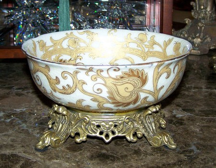 Ivory and Gold Lotus Scroll Arabesque with Gilded Brass Ormolu - Luxury Handmade Reproduction Chinese Porcelain - Statement 07 Inch Round Scalloped Edge Candy Dish | Bowl Style A39