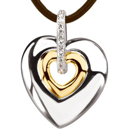Supreme Sterling Silver 925 | Gold, Diamond Heart Pendant Necklace with Brown Leather Cord