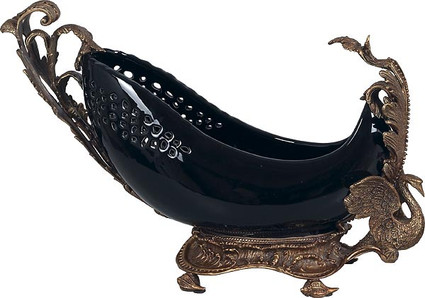 Obsidian Black Decorator Solid with D'or Brass Ormolu - Luxury Handmade Chinese Porcelain - Statement 24.5 Inch Bowl | Centerpiece - Style A159