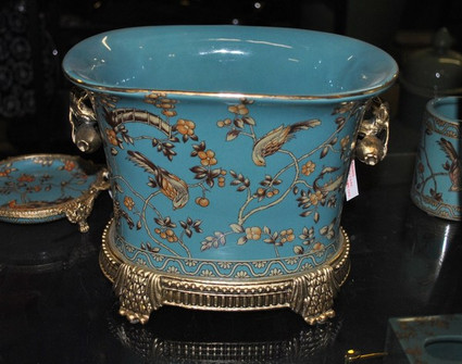 Style A878 - Flower Pot |Centerpiece Statement Planter | Teal Blue and Gold Pagoda - Luxury Handmade Reproduction Chinese Porcelain and Gilt Brass Ormolu - 10 Inch