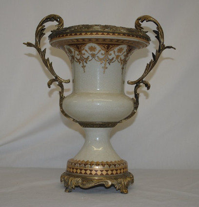 Neo Classical Ivory and Gold - Luxury Handmade Reproduction Chinese Porcelain and Gilt Brass Ormolu - 14 Inch Trophy Cup Mantel Vase - Style A857