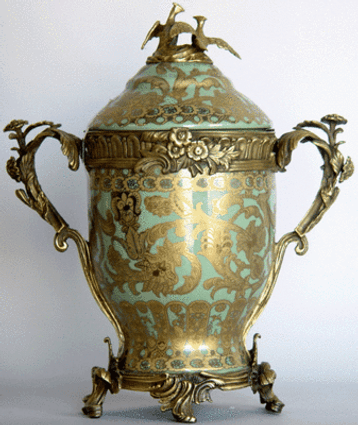 Celadon Green and Gold Arabesque - Luxury Handmade Reproduction Chinese Porcelain and Gilt Brass Ormolu - 17 Inch Covered Urn Style A957