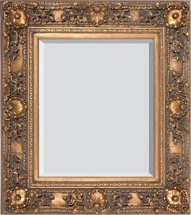 French Rococo Louis XV Beveled Edge Antique Gold Medium Mirror - Scalloped Shell and Floral, 35"t x 31"w - Wide 5.50" Carved Frame, 1220