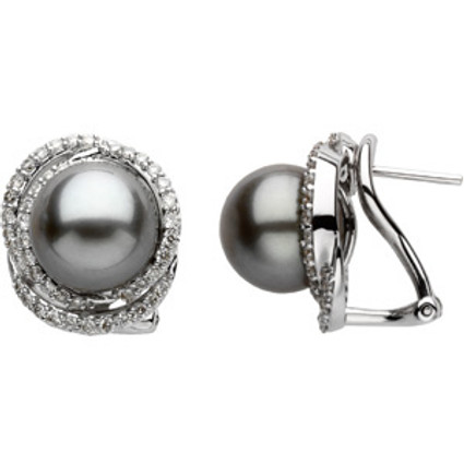 Tahitian Cultured Pearl - White Diamond & Gold Omega Clip Earrings