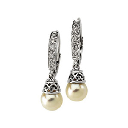 2021: White Freshwater Round Cultured Pearl Gold - Diamond Lever Back Dangle Earrings, 5311