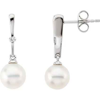 #2021: White Freshwater Drop Cultured Pearl & Gold Diamond Dangle Earrings, 5319